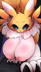 9:16 anthro areola bandai_namco big_breasts blue_eyes breast_squish breasts digimon digimon_(species) female female_anthro fur hi_res hinata_sakamoto huge_breasts inverted_nipples nipples pink_areola pink_nipples renamon solo squish white_body white_fur yellow_body yellow_fur