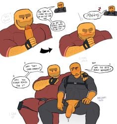 2boys accelerator_(tds) after_blowjob bite blowjob cum_in_mouth deepthroat dick_out erection gay grabbing_penis licking_tip looking_at_partner minigunner_(tds) sucking_penis tower_defense_simulator