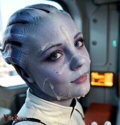 1girl 3d ai_generated asari blue_eyes blue_skin blurry_background cum cum_on_face depth_of_field eyelashes facial freckles head_tilt liara_t'soni looking_at_viewer mass_effect mass_effect_3 realistic solo textured_skin thick_cum vilerune white_bodysuit