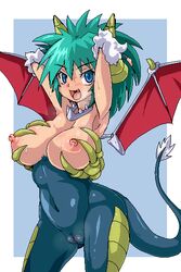 blue_eyes breast_squish breasts dragon_girl female green_hair horn humanoid knrin large_breasts nipples open_mouth plump_labia pose pussy raised_arm solo sweat voluptuous wings