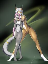 2015 abstract_background anthro blue_eyes breast_squish breasts closed_eyes duo feline female hair hi_res licking looking_at_viewer lynx mammal markings navel pink_hair pussy size_difference smile socks_(marking) spots tail_ring tongue tongue_out unknown_species white_hair xlblackinklx