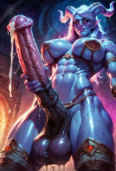 1girls abs ai_generated bikini_armor black_thighhighs blue_skin breasts colored_sclera colored_skin cum cum_on_penis erection futanari futanari_masturbation horns horse_penis huge_penis huge_testicles large_breasts large_penis large_testicles lips long_hair looking_at_viewer masturbation muscular muscular_female navel orange_eyes penis philon piercing pointy_ears precum solo stable_diffusion sweat testicles thighhighs veins veiny_penis white_hair yellow_eyes