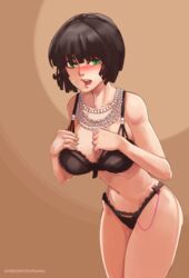 black_hair black_panties blush bra breasts female fubuki_(one-punch_man) green_eyes green_nails looking_at_viewer nail_polish navel necklace one-punch_man open_mouth panties pussy_juice short_hair solo sweat tumtumisu underwear vibrator