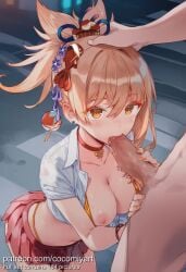 1boy 1girl 2026 ai_generated alternate_costume blonde_hair blush bra bra_pull bracelet breasts breasts_out censored chest_tattoo choker cleavage clothed_female_nude_male cocomiyart collarbone collared_shirt contemporary earrings erection fellatio flower_tattoo genshin_impact hair_between_eyes hair_ornament hand_on_another's_head hetero highres jewelry kanzashi kneeling large_breasts long_hair makeup medium_breasts microskirt midriff miniskirt mosaic_censoring navel nipples nsfw nude open_clothes open_shirt oral orange_choker orange_eyes orange_nails panties penis pleated_skirt ponytail red_choker red_skirt saliva school_uniform shirt short_sleeves skirt solo_focus stud_earrings tattoo tied_shirt tongue tongue_out uncensored underwear white_shirt yellow_bra yellow_eyes yellow_panties yoimiya_(genshin_impact)