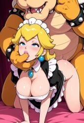 ai_generated bowser cleavage doggy_style finger_in_mouth large_breasts maid_uniform princess_peach