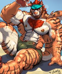 2026 abs anthro armpit_hair barazoku beach biceps blue_kerchief body_hair brown_facial_hair bulge canid canine canis chest_tuft claws clothing day deltoids detailed_bulge eye_scar facial_hair facial_scar felid fur green_clothing green_speedo green_swimwear hair hi_res kerchief looking_at_viewer male mammal multicolored_body multicolored_fur muscular muscular_anthro muscular_male nightterror nipple_piercing nipple_ring nipples notched_ear obliques orange_body orange_fur pantherine pawpads pecs piercing pink_nose pink_pawpads pubes raykie_(raykie_ff14) red_eyes red_hair ring_piercing sand scar sea sitting sitting_on_ground solo speedo striped_body striped_fur stripes swimwear tail tiger toe_claws tuft underpaw vein veiny_muscles water wet wet_body wet_clothing wet_fur wet_speedo whiskers white_body white_fur wolf