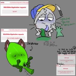 1:1 arm_over_head battle_for_dream_island bfdi bite_mark bite_marks blood_drip blush blush_lines blushing blushing_at_partner blushing_female blushing_profusely cat_ears compliment complimenting_partner desperate desperate_expression desperate_face desperate_for_sex desperation dialogue digital_art digital_drawing_(artwork) digital_media digital_media_(artwork) digital_painting_(artwork) dw4evrr fourteen_(bfb) genital_slit hat knife laying_back laying_down laying_on_back laying_on_bed leafy_(bfdi) legs_apart legs_open legs_spread legs_up looking_at_partner looking_at_penis looking_down lying_down lying_on_back lying_on_bed nervous_expression nervous_face nervous_female nervous_grin nervous_look nervous_smile nervous_sweat non-human non-human_only paws precum_bubble precum_on_penis pussy pussy_focus pussy_hair pussy_juice pussy_juice_string pussy_juice_trail scars scars_on_arm scars_on_knees simple_background simple_drawing size_difference spread_legs sweat sweatdrop tail_markings tail_motion tail_tuft tailwag tentacle_penis text unusual_genitalia wet_pussy xfohv zero_(bfdi)