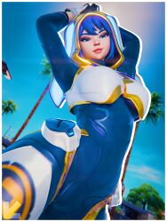 1girl 3d 3d_art 3d_render arms_behind_head bangs blue_hair bodysuit bunnii_o'hare_(fortnite) bunny_hood clothing epic_games explicit female fortnite gloves head_back highres hood hood_up looking_at_viewer low_angle pov raised_arms short_hair skin_tight_suit skintight solo standing visiuun