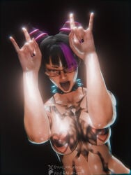 3d 3d_(artwork) 3d_model 3d_render ahegao ahegao_face big_breasts big_nipples breasts_out cinematic cinematic_lighting close-up close_up female female_focus female_only front_view glasses juri_han oiled oiled_body oiled_breasts oiled_skin patreon patreon_artist portrait street_fighter_6 tattoo_on_breast tonge_out