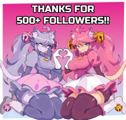 2girls ahoge alternate_costume animal_ears bangs bell big_breasts boots breasts cat_ears cat_tail closed_mouth deltarune deltarune_chapter_5 dual_persona eyebrows_visible_through_hair gloves green_eyes hair_between_eyes hair_ornament holding_hands irritable_ghost_(deltarune) jingle_bell kneeling large_breasts long_hair looking_at_viewer mad_mew_mew mew_mew_kissy_cutie multiple_views pink_(deltarune) pink_hair pink_skirt puffy_sleeves short_sleeves sitting skirt smile tail thighhighs undertale undertale_(series)
