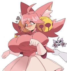 2girls big_boobs big_breasts boobs breasts catgirl clothed deltarune embarrassed glitchlord8391 mad_mew_mew massive_tits mew_mew_(undertale) nice_tits pink_(deltarune) pink_hair pulling pulling_clothing skin_tight tits titties undertale_(series)