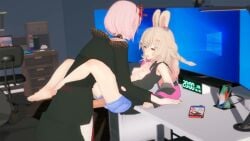 1futa 1girls 3d animal_ears animated armwear barefoot black_armwear black_cloak black_clothing black_neckwear black_topwear blue_clothing blue_short_shorts bottomless bottomwear breasts bunny bunny_ears bunny_girl clipping cloak cloak_only clock computer computer_monitor crossover detailed_background digital_clock drawer exposed_breasts female flower flower_in_hair footwear futa_focus futanari hair_ornament hololive hololive_english inside intersex laptop light-skinned_female light-skinned_futa light_skin medium_breasts monitor mori_calliope neckwear nekopara nintendo nintendo_switch nipples no_sound phase_connect phase_origins phone pink_clothing pink_hair pipkin_pippa rabbit rabbit_ears rabbit_girl red_eyes ripped_clothing ripped_pants room rrazznsfw short_shorts shorts smart_phone tagme thighhighs topless topwear video virtual_youtuber vtuber window windows_10