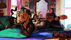 1girls animal_print ass asymmetrical_hair azuma_yasuo azumaarts barefoot bed bedroom blonde_hair blue_eyes bodysuit carnage_(marvel) character_doll crossed_ankles eyebrow_piercing feet feet_up female gwen_stacy gwenom highres hood hooded_bodysuit indoors lying marvel marvel_comics mary_jane_watson mask miles_morales mirror on_stomach parted_lips piercing pillow poster_(object) soles solo spider-gwen spider-man:_across_the_spider-verse spider-man_(miles_morales) spider-man_(series) spider-verse spider_print spider_web_print stirrup_legwear superhero_costume table the_pose toeless_legwear toes two-tone_bodysuit unworn_mask vanity_table window