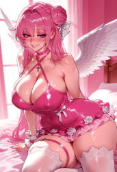 1girl 1girls ai_generated angel_wings balecxi bangs bare_arms bare_shoulders bed blush braid breasts choker cleavage clothing covered_navel covered_nipples criss-cross_halter cross cross_necklace curtains curvaceous curvaceous_female curvaceous_figure curvy curvy_figure dorothy_(nikke) dress feathered_wings female female_focus flower frilled_dress frills goddess_of_victory:_nikke grin hair_bun hair_intakes hair_ribbon halterneck huge_breasts indoors inviting inviting_to_sex jewelry large_breasts latin_cross legwear long_hair looking_at_viewer necklace on_bed pillow pink_choker pink_dress pink_hair pink_theme presenting presenting_ass presenting_breasts presenting_hindquarters presenting_self purple_eyes ribbon rose seductive seductive_look seductive_smile short_dress single_hair_bun single_side_bun sitting skindentation sleeveless_dress smile solo thick_thighs thigh_strap thighhighs thighs very_long_hair voluptuous voluptuous_female white_legwear white_ribbon white_rose white_thighhighs white_wings window wings wrist_cuffs