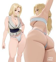 1girls armpits arms_up ass blonde_hair brown_eyes carlo_montie cleavage forehead_mark fundoshi grey_shirt hand_on_hip huge_ass large_breasts long_hair looking_at_viewer low_twintails multiple_views naruto_(series) naruto_shippuden no_pants smile thick_thighs underboob white_bandeau