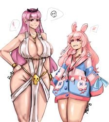 2girls barely_clothed big_breasts bunny_ears bunny_girl height_difference huge_hips more_at_source mori_calliope pink_hair pipkin_pippa ryufboi vtuber