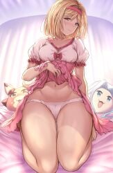 1girls aldehyde blonde blonde-haired_female blonde_female blonde_hair blue_hair breasts brown_eyes cleavage djeeta_(fighter) djeeta_(granblue_fantasy) female granblue_fantasy kneeling lyria_(granblue_fantasy) medium_breasts panties pantyshot pantyshot_(kneeling) short_hair skirt skirt_lift stuffed_toy thighs underwear upskirt vyrn white_panties white_underwear