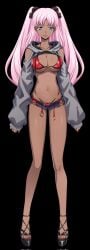 1girl bikini blue_eyes breasts catherine_sabathra cleavage code_geass code_geass:_dakkan_no_roze code_geass:_lost_stories dark_skin full_body hair_ornament hood hood_down hoodie jacket large_breasts long_hair looking_at_viewer navel official_art open_clothes open_toe_shoes pink_hair sandals shiny_skin smile solo standing swimsuit twintails unzipped