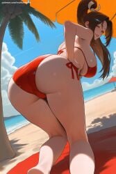 1girl ai_generated ass bangs barefoot beach bent_over bikini breasts brown_eyes brown_hair day fatal_fury feet from_behind hi_res high_ponytail high_quality high_resolution large_breasts long_hair looking_at_viewer looking_back mai_shiranui outdoors palm_tree parted_lips patreon patreon_username ponytail red_bikini sand seductive sexy shiranui_mai side-tie_bikini sideboob sky smile soles solo swimsuit thighs toes towel tree umbrella uncensored watermark