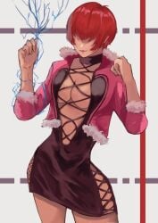 1girls big_breasts breasts curvy_female dress jacket king_of_fighters light-skinned_female light_skin long_hair red_hair shermie_(kof) smiley_face thunder