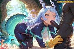 1boy 1girl abs ai_generated all_fours ass black_skin blue_eyes blue_hair blush bodysuit boku_no_hero_academia breasts censored clothes_pull coral dark-skinned_male dark_skin drill_hair erection fellatio gloves hadou_nejire hair_horns hetero interracial kneeling large_breasts light_blue_hair long_hair medium_breasts mosaic_censoring my_hero_academia nejire_hado nivora oral outdoors pants_pull penis skin_tight solo_focus symbol-shaped_pupils tree uncensored very_dark_skin water waterfall yellow_gloves