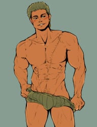 auspizien blushed_face green_hair light_brown_body light_brown_skin male male_only masculine_male no_ai one_piece roronoa_zoro smilling solo tanned