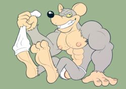 1boy 3_toes 4_fingers 4_toes anthro anti_dev armpit_hair balls black_nose body_hair bulge chest_hair clothed clothing fur green_background grey_fur grin jim_rat jockstrap legwear looking_at_viewer male male_only mammal muscular muscular_male nipples pubes rat rodent simple_background sitting socks solo teeth toes toothy_grin topless underwear yellow_sclera