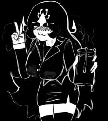 1girl 4chan bait bait-chan black_background black_hair black_jacket black_sclera black_skirt black_thighhighs blush buttons collared_jacket colored_skin covered_erect_nipples covered_nipples cup drawfag fish_girl glass glass_of_water holding_cup holding_glass long_hair looking_at_viewer meme simple_background skindentation solo thighs v water wavy_mouth white_eyes white_skin