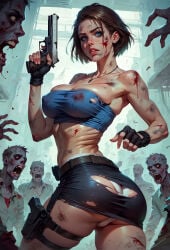 1girls ai_generated ass bandeau bare_shoulders belt black_gloves black_skirt blood blood_on_face blue_eyes breasts brown_hair cleavage covered_nipples fingerless_gloves gloves gun handgun holding holding_gun holding_weapon holster jewelry jill_valentine large_breasts lips looking_at_viewer miniskirt multiple_boys necklace panties pantyshot pencil_skirt philon resident_evil short_hair skindentation skirt solo_focus stable_diffusion strapless teeth torn_clothes torn_skirt trigger_discipline tube_top twisted_torso underwear weapon white_panties zombie