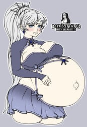 1girl ass belly_harness blue_eyes blush breasts darkestfated earrings embarrassed female hand_on_belly large_ass large_breasts popped_navel pregnant rwby super_belly thick_thighs viz_media weiss_schnee white_hair wide_hips