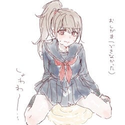 blush brown_eyes brown_hair canon_genderswap embarrassed female female_only full_body fully_clothed genderswap_(mtf) gintama long_hair looking_at_viewer official_alternate_costume okita_sougo okita_souko omorashi pissing pissing_on_floor ponytail rule_63 school_uniform serafuku shirogu side_ponytail sitting solo sweat wariza