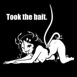 1girl 4chan bait bait-chan barefoot black_background black_hair black_sclera colored_skin completely_nude drawfag english_text fish_girl heart-shaped_pupils impact_(font) in_ass large_breasts long_hair looking_at_viewer lying meme nipples nude simple_background solo tongue tongue_out white_eyes white_skin