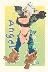 1girls angel_(kof) big_breasts big_tits blue_eyes huge_breasts king_of_fighters light-skinned_female light_skin looking_at_viewer pale-skinned_female pale_skin panties short_hair smiling standing thick thong white_hair yumecan2