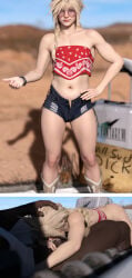 3d 3d_(artwork) abs barret_wallace blonde_hair blowjob braided_hair chubby chubby_male cloud_strife cowboy_boots crossdressing cum cum_in_mouth cum_out_nose dark-skinned_male day deep_throat femboy final_fantasy final_fantasy_vii final_fantasy_vii_remake forced forced_deepthroat gay girly glasses hand_on_head hdregrets hitchhiking hotpants human human_male interracial jean_shorts light-skinned_femboy light-skinned_male light_skin male male_focus male_only midriff minishorts open_clothes open_shorts oral oral_sex outdoors red_lipstick short_shorts shorts sissy size_difference square_enix tummy twink uncensored yaoi
