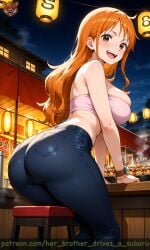 1girls 4k ai_generated anime ass ass_focus big_ass brown_eyes clothed curvy female female_only festival from_behind her_brother_drives_a_subaru high_quality huge_breasts jeans long_hair looking_back nami_(one_piece) one_piece orange_hair pink_tube_top self_upload solo stable_diffusion takoyaki tight_clothing tight_pants tubetop