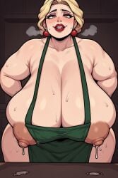 ai_generated apron_only bbw big_nipples blonde_hair breasts_bigger_than_head curvaceous huge_breasts lactation lipstick massive_breasts mature_female milf perchance_ai steamy_breath voluptuous
