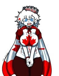 1girls blue_eyes breasts canada_(egobuzz) cape clothed clothed_female clothing color countryhumans countryhumans_girl crown female female_focus female_only fully_clothed hat human human_only lewd_juice looking_at_viewer open_eyes open_mouth open_smile shirt simple_background smile thighs twitter_link white_background white_body white_hair white_skin