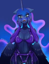 1girls alicorn anthro armwear big_ass big_breasts big_thighs blue_eyes blush blushing choker furry furry_only hands_on_face heart-shaped_pupils horn horse_girl legwear lingerie long_hair long_tail looking_at_viewer my_little_pony nightgown pony_girl princess_luna_(mlp) pussy_juice pussy_juice_drip smiling_at_viewer steelknigh thick_thighs watermark wings yandere