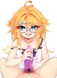 1futa 1girls ahoge blonde_hair dokibird dragon_cock dragon_girl futa_on_female futanari glasses head_wings indie_virtual_youtuber jerking_off_another jerkingoff_another nightgown nijisanji nijisanji_en ricegnat selen_tatsuki small_breasts sweating swirly_eyes talking_to_partner vtuber