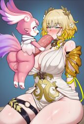 1futa 1girls aglaea_(honkai:_star_rail) ai_generated blonde_hair blowjob cyrene_(honkai:_star_rail) honkai:_star_rail mem_(honkai:_star_rail) small_but_hung small_dom_big_sub