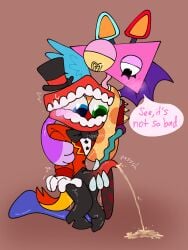 blush caine_(the_amazing_digital_circus) chimeracocks dialogue for_a_head formal_wear fully_clothed holding_partner holding_penis living_toy nude object_head pee peeing reassuring sweat sweatdrop the_amazing_digital_circus watersports zooble_(the_amazing_digital_circus)
