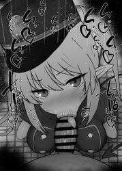 1boy 1girls :>= big_penis black_and_white blue_archive blush censored dark-skinned_male dark_skin detailed_background drooling eyelashes fellatio female hat heart humanoid indoor inside kurotama long_hair looking_at_viewer male male_pov nozomi_(blue_archive) oral oral_sex penis pointy_ears room saliva shiny shiny_skin sketch sound_effects squatting straight sweat text tongue tongue_out top_hat vein veins veiny veiny_penis