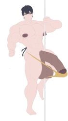 bara bara_tits hyper_penis large_areolae large_balls larger_male male_rover_(wuthering_waves) musclegut muscular_male pole_dancing rover_(wuthering_waves) solo_male thong wuthering_waves