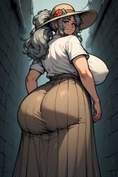ai_generated ass_focus big_ass big_breasts grey_hair looking_back mature_female perchance_ai ponytail sagging_breasts smiling_at_viewer
