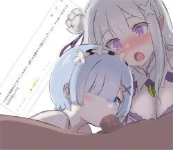 1boy 2girls blowjob blue_eyes blue_hair blush emilia_(re:zero) fellatio female male oral penis purple_eyes re:zero_kara_hajimeru_isekai_seikatsu rem_(re:zero) syabadabado white_hair
