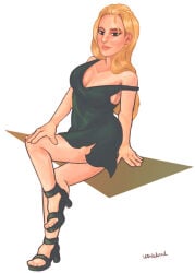 1girls blond blonde_female blonde_hair comission digital_art green_dress green_eyes heels large_breasts legs lucykitten lucykitten01 mature mature_female portrait smile windstand