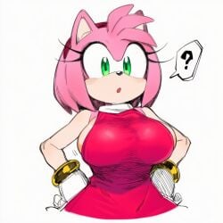 1girls ? amy_rose animal_ears bare_shoulders big_breasts blush bracelet breasts dress furry gloves green_eyes hand_on_hip hands_on_hips huge_breasts jewelry large_breasts pink_hair red_hairband short_hair sleeveless sleeveless_dress solo sonic_(series) sonic_the_hedgehog_(series) spoken_question_mark upper_body uravity98114