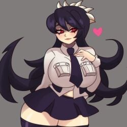 1girls artist_request big_breasts black_hair black_legwear blush breasts curvy extra_mouth filia_(skullgirls) heart huge_breasts large_breasts long_hair miniskirt necktie prehensile_hair red_eyes samson_(skullgirls) school_uniform skirt skullgirls solo thick_thighs thighhighs thighs wide_hips