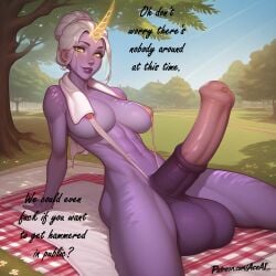 1futa abs ai_generated arched_back athletic dialogue english_text futa_only futanari golden_eyes horn horsecock large_balls large_breasts large_penis large_testicles league_of_legends massive_balls massive_penis outdoors picnic public public_nudity purple_body purple_skin sitting soraka text white_hair