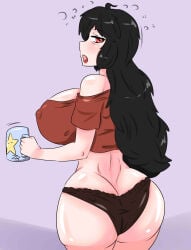 1girls black_hair black_hair_female coffee_cup half-dressed half_naked half_naked_female long_hair long_hair_female looking_back panties raven_branwen red_eyes rwby solo_female waking_up zronku